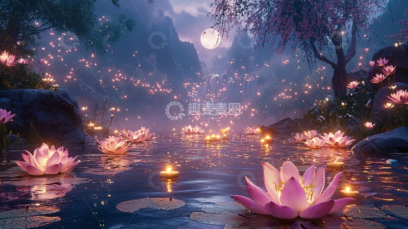 高清大图下载【趣麦麦图】水面漂浮莲花灯的梦幻夜景