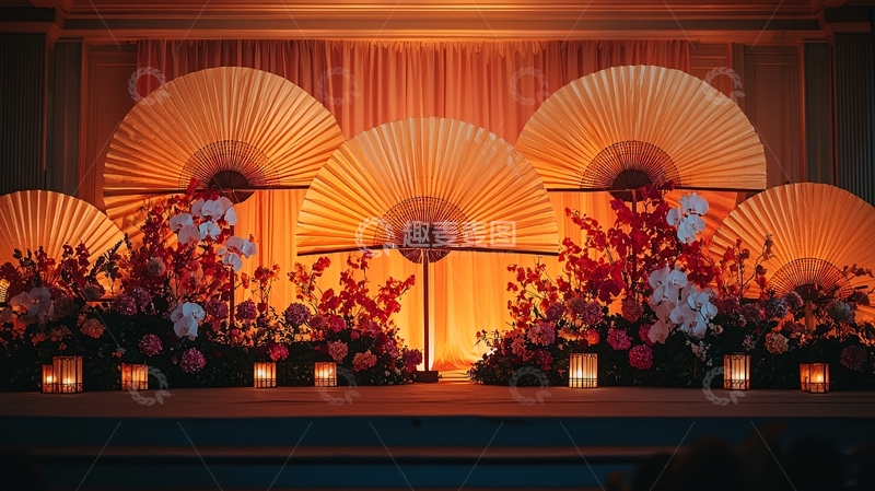 高清大图下载【趣麦麦图】金色扇子和鲜花组成的背景墙