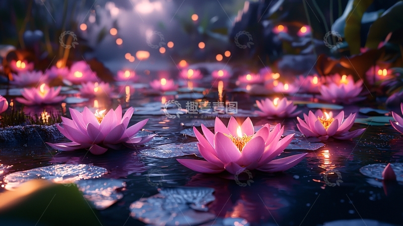 高清大图下载【趣麦麦图】粉色莲花池塘烛光夜景