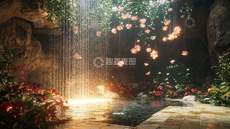 高清大图下载【趣麦麦图】神秘花园瀑布水池鲜花