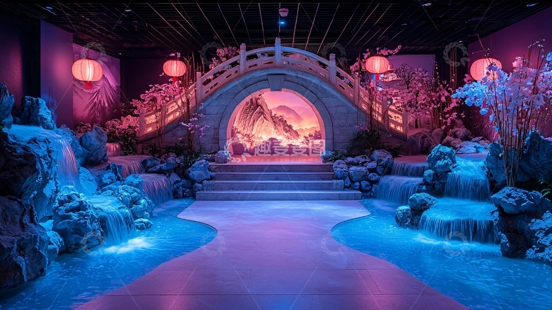 高清大图下载【趣麦麦图】粉色灯笼下的中国风桥