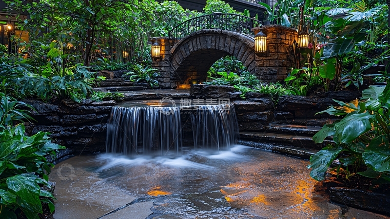 高清大图下载【趣麦麦图】森林中的石桥流水