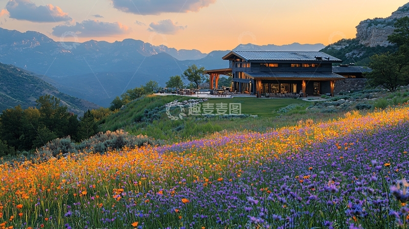 高清大图下载【趣麦麦图】山间别墅花海日落美景