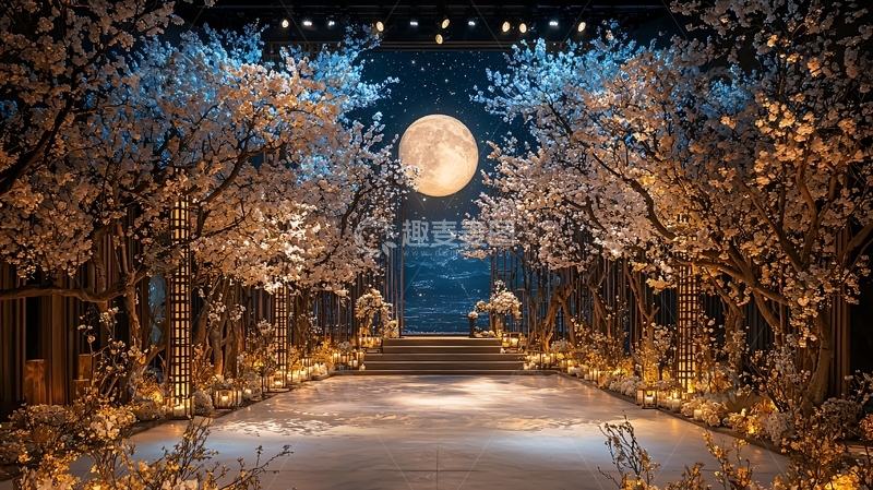 高清大图下载【趣麦麦图】月光下的樱花树林景观