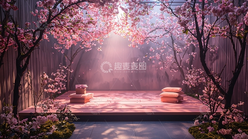 高清大图下载【趣麦麦图】粉色花树下的日式舞台