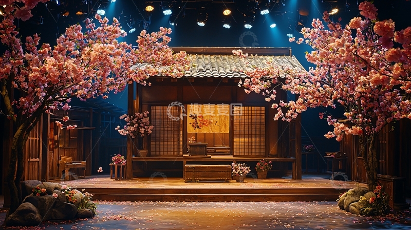 高清大图下载【趣麦麦图】日式小屋与樱花树舞台背景