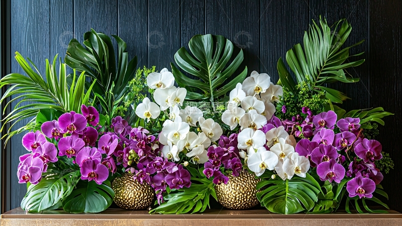 高清大图下载【趣麦麦图】兰花与绿叶的华丽花艺摆设
