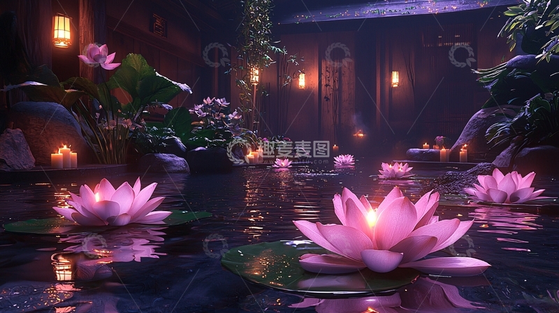 高清大图下载【趣麦麦图】荷花池塘夜晚烛光摇曳