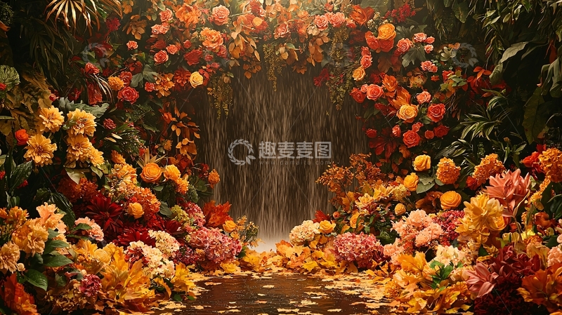 高清大图下载【趣麦麦图】鲜花簇拥的瀑布
