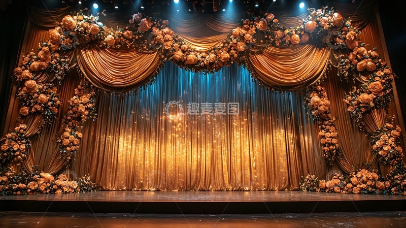 高清大图下载【趣麦麦图】金色花卉装饰的舞台幕布