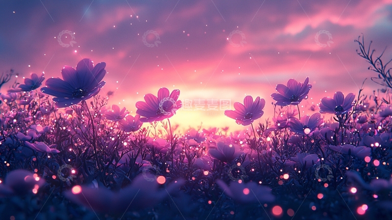 紫色花田与粉色天空