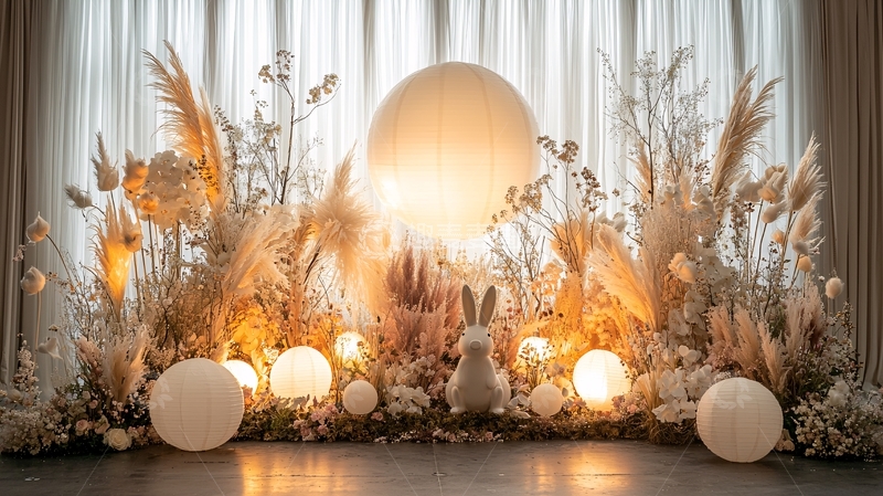 高清大图下载【趣麦麦图】白色兔子和蓬松植物的场景