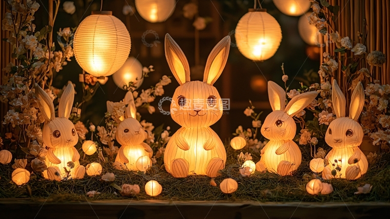 高清大图下载【趣麦麦图】温暖兔子灯笼围绕着花朵