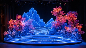 蓝色山脉和红色树木的舞台