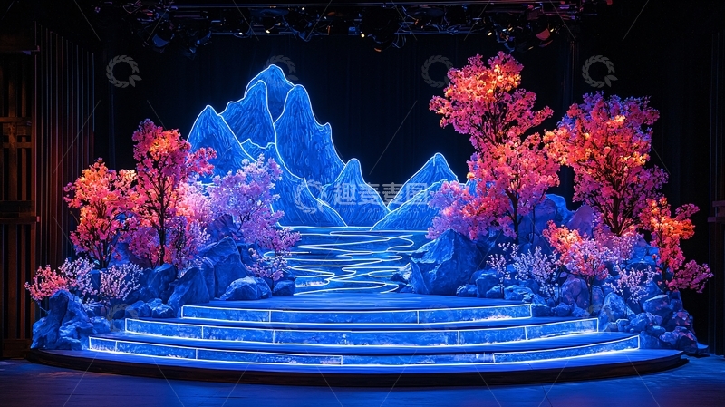 高清大图下载【趣麦麦图】蓝色山脉和红色树木的舞台