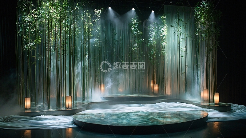 高清大图下载【趣麦麦图】舞台背景竹林瀑布