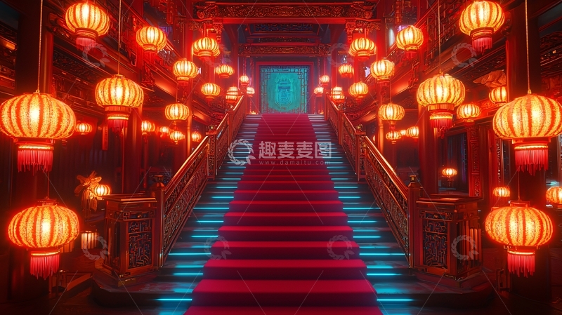 高清大图下载【趣麦麦图】中国风红色灯笼楼梯