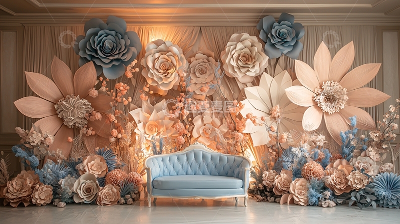 高清大图下载【趣麦麦图】纸花背景的浅蓝色沙发