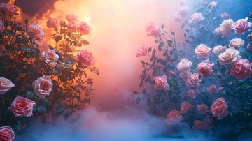 浪漫玫瑰花墙与烟雾背景