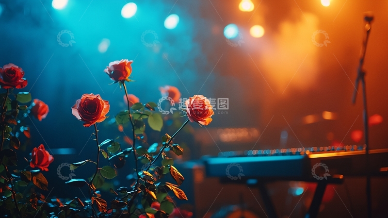 高清大图下载【趣麦麦图】玫瑰花与键盘在舞台上