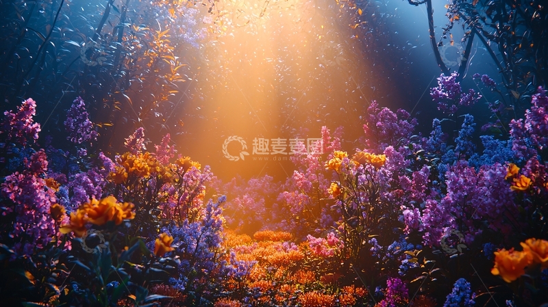 高清大图下载【趣麦麦图】梦幻光照下的花丛