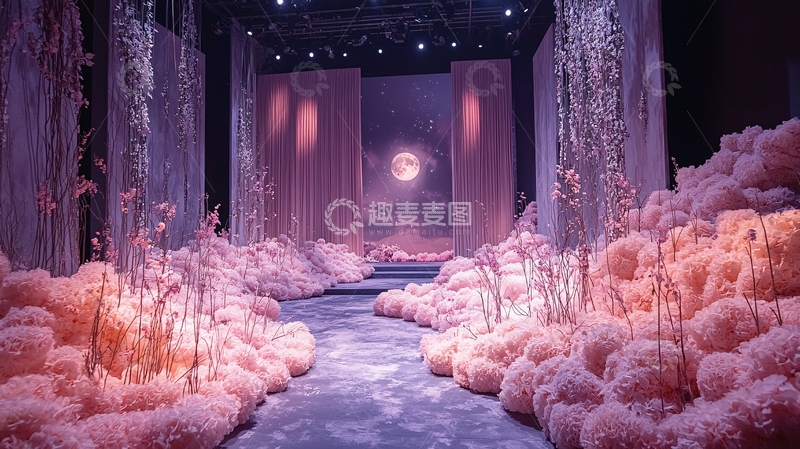高清大图下载【趣麦麦图】粉色花海月亮舞台背景