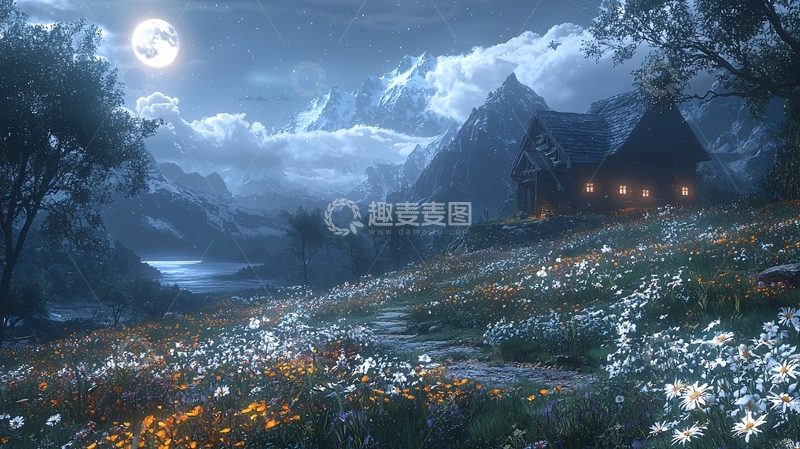 高清大图下载【趣麦麦图】月夜下的乡村田园风光