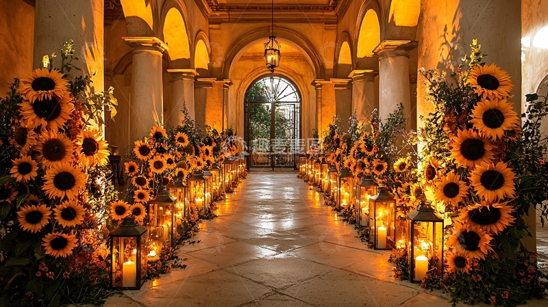 高清大图下载【趣麦麦图】金色灯光下的向日葵走廊
