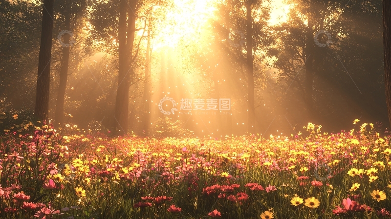 高清大图下载【趣麦麦图】阳光洒在花田上的景象