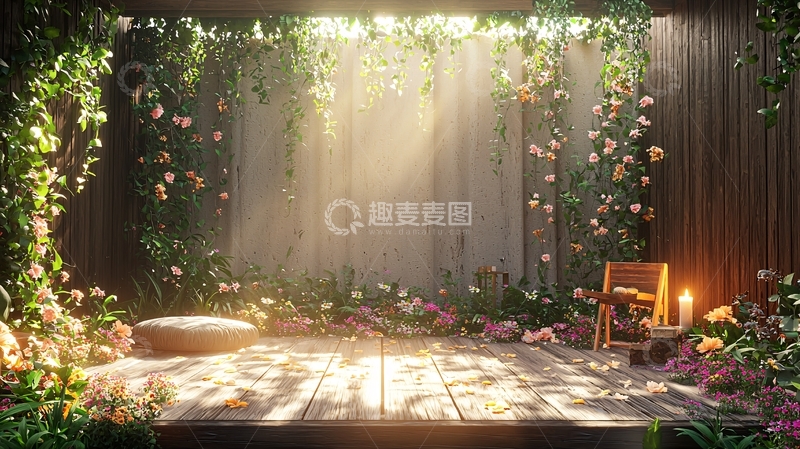 高清大图下载【趣麦麦图】木质平台与花草环绕