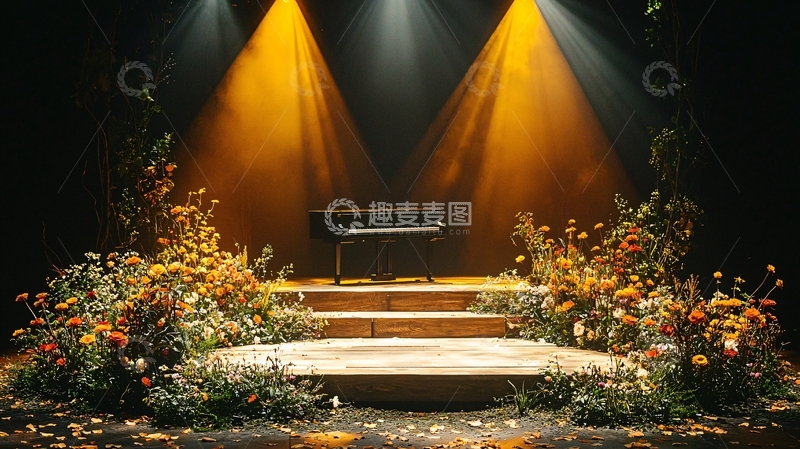 高清大图下载【趣麦麦图】舞台上的钢琴与鲜花