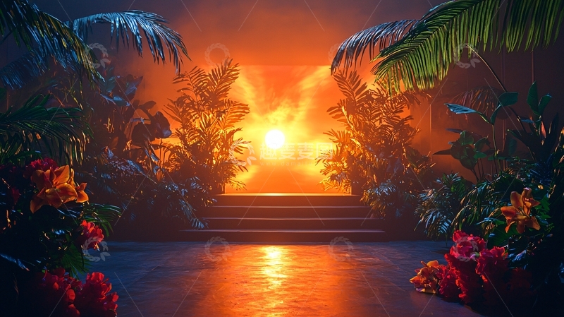 高清大图下载【趣麦麦图】热带植物围绕的日落美景