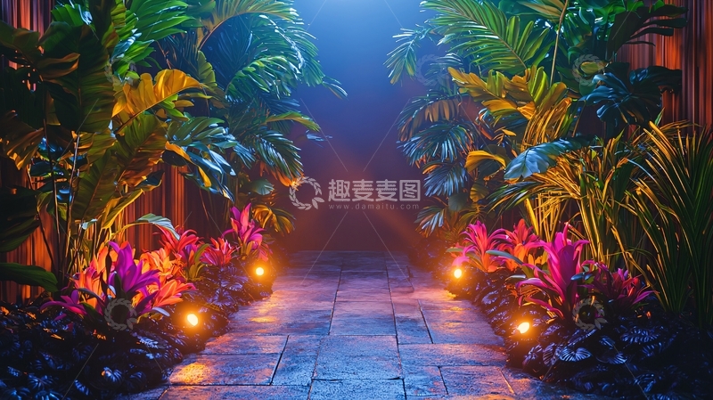 高清大图下载【趣麦麦图】热带植物小路夜景
