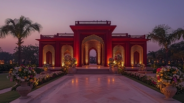 红色建筑在日落时分