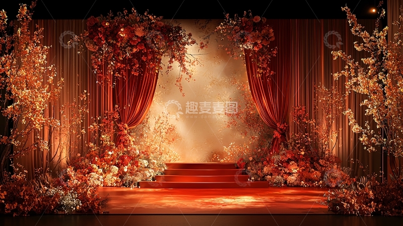 高清大图下载【趣麦麦图】红金色花卉装饰舞台背景