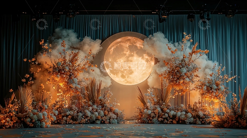 高清大图下载【趣麦麦图】圆月与云朵的浪漫舞台背景