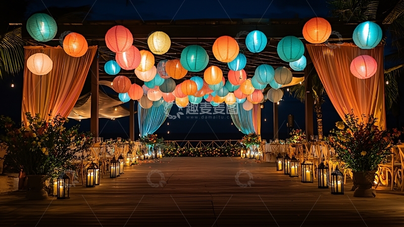 高清大图下载【趣麦麦图】彩色灯笼装饰的户外婚礼