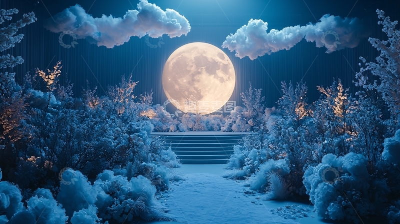 高清大图下载【趣麦麦图】夜晚月亮下的雪景
