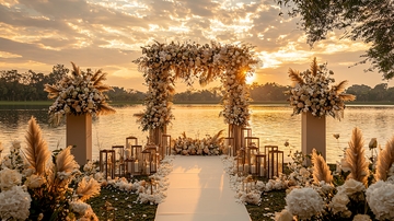 金色夕阳下的湖边婚礼