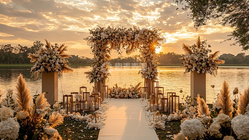 高清大图下载【趣麦麦图】金色夕阳下的湖边婚礼