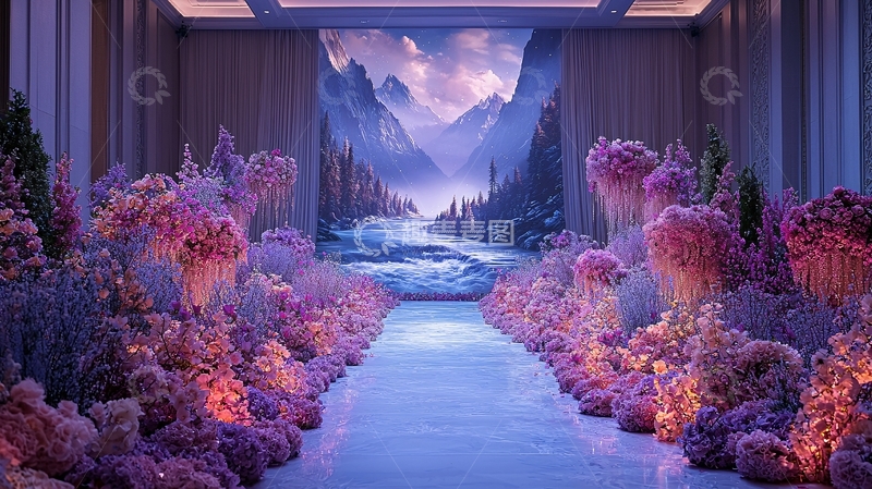 高清大图下载【趣麦麦图】紫色花卉通道通向雪山