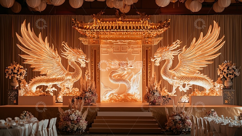 高清大图下载【趣麦麦图】金色龙纹舞台背景