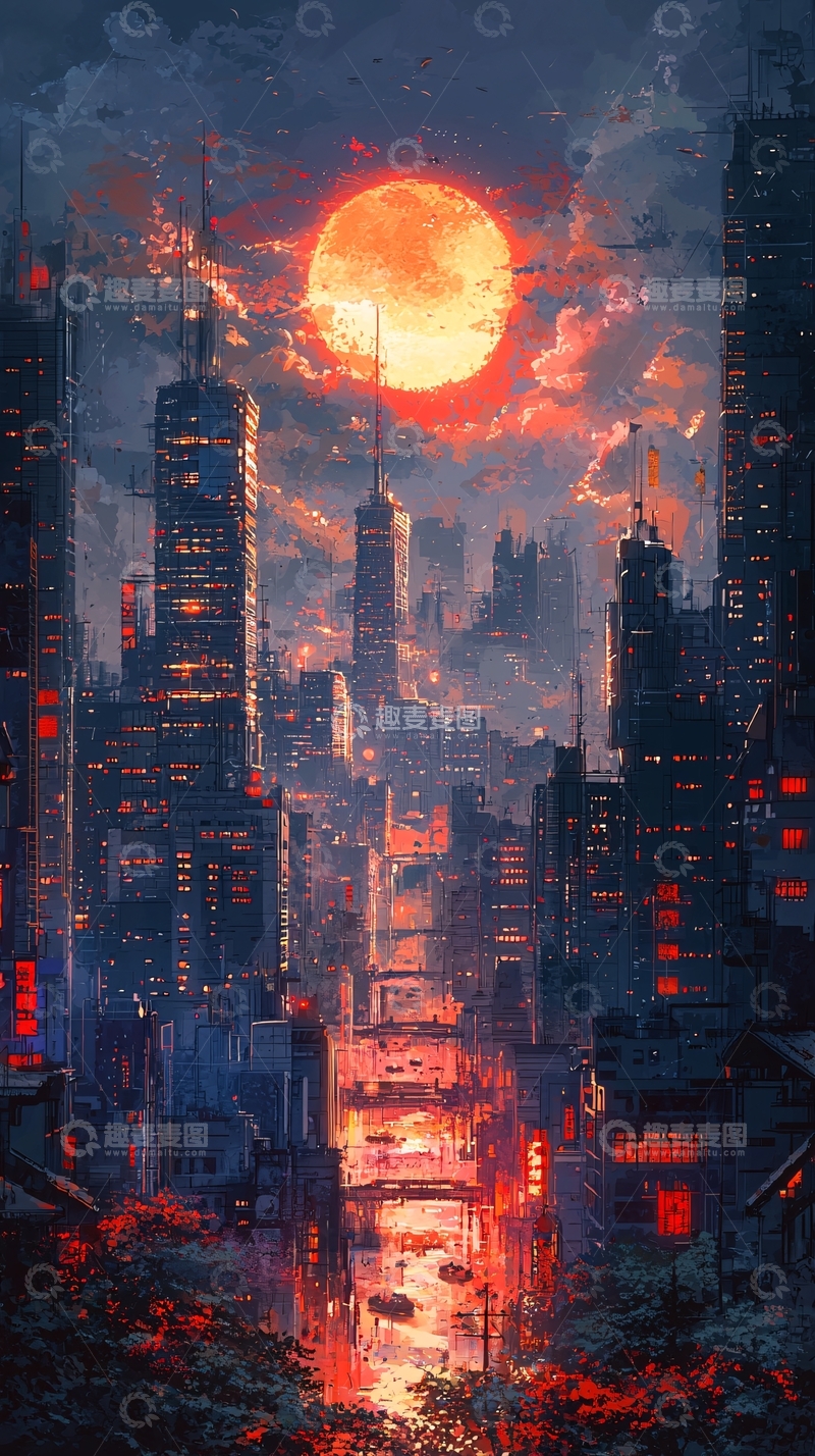 高清大图下载【趣麦麦图】城市夜景红月高悬