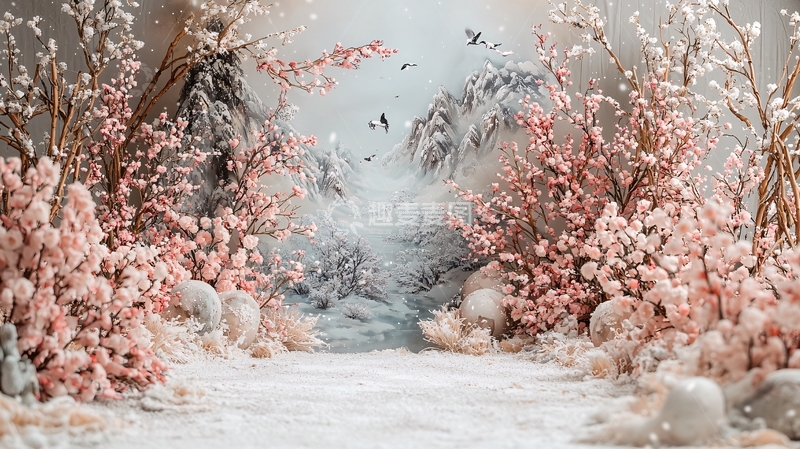 高清大图下载【趣麦麦图】粉色花朵覆盖的雪景山谷