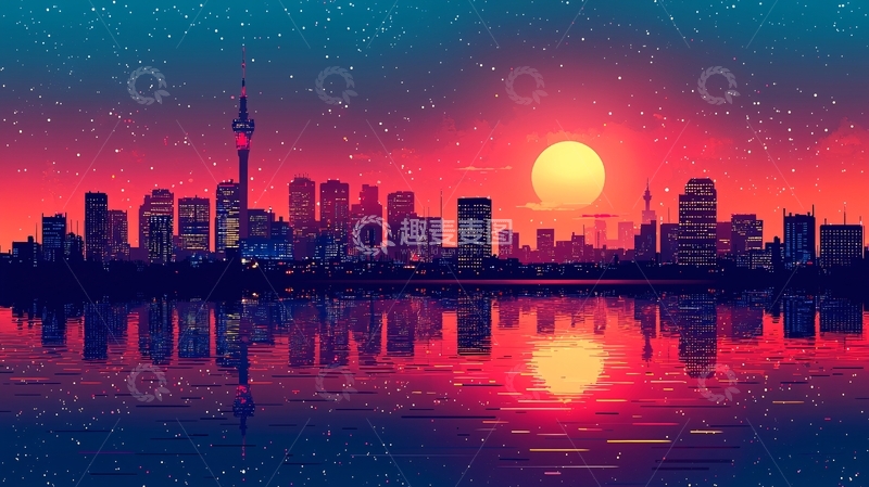 高清大图下载【趣麦麦图】城市天际线日落倒影
