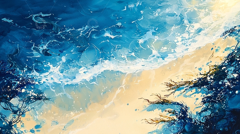 高清大图下载【趣麦麦图】海浪拍打沙滩的抽象画