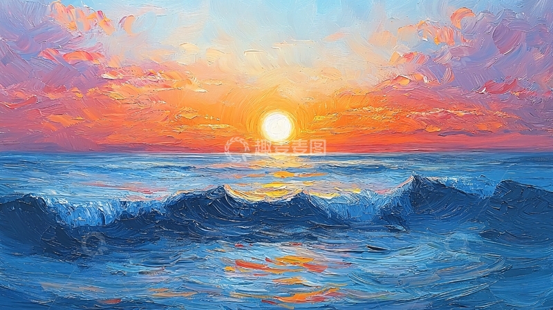 高清大图下载【趣麦麦图】海面日出油画风格