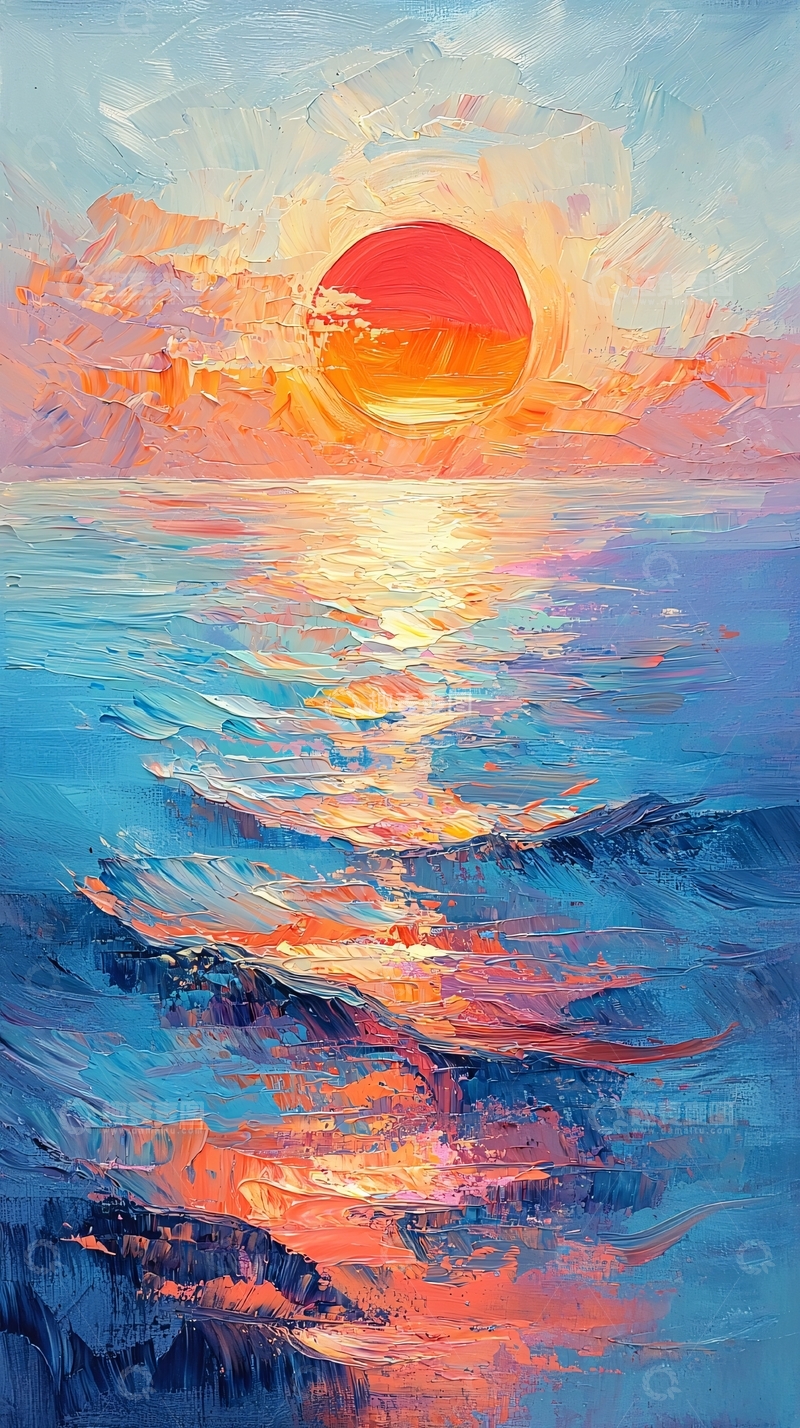 高清大图下载【趣麦麦图】海面日出油画风