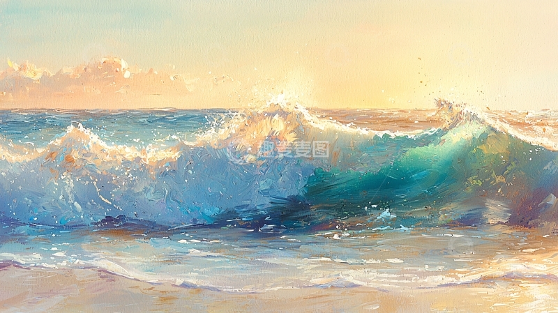 高清大图下载【趣麦麦图】海浪拍打海岸的油画