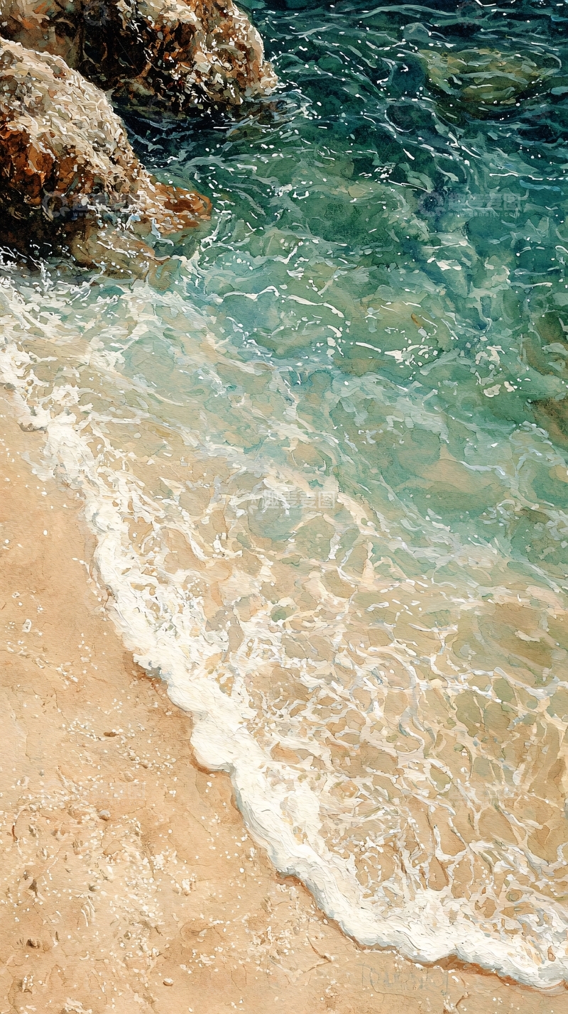 高清大图下载【趣麦麦图】海浪轻拍沙滩岩石
